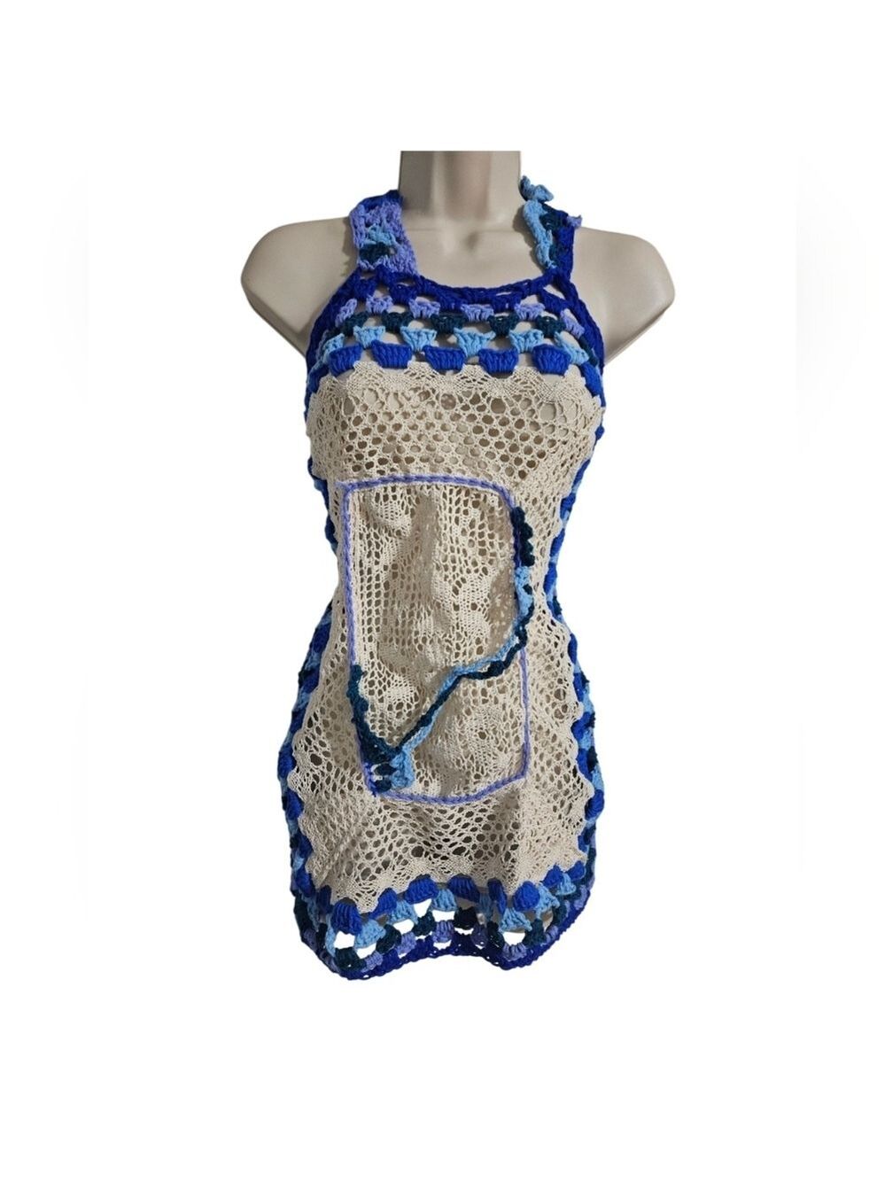 Handmade Crochet Halter Top Granny Square Floral Blue